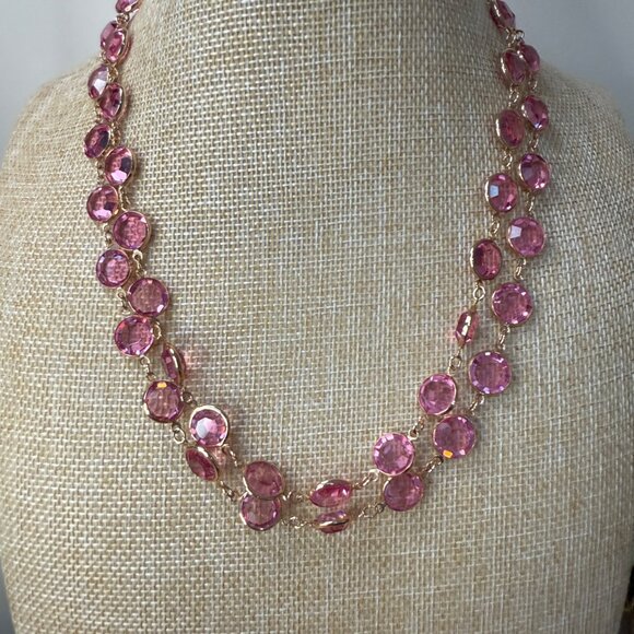 Pink Glass Crystal Gold Tone Long Necklace 36 Inch Length Elegant Jewelry - Picture 2 of 6